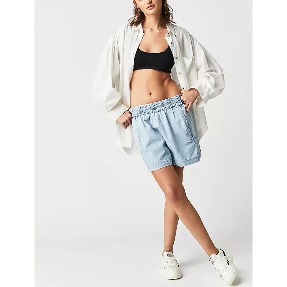 FREE PEOPLE Get Free Chambray Pull On Shorts / Lady Liberty - Picture 6 of 11